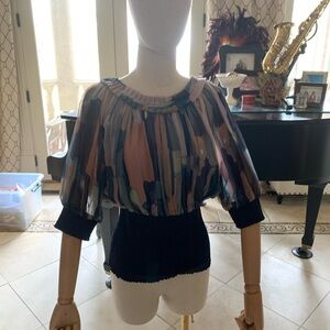 Catherine Malandrino Multicolor Sheer Blouson Top with Smocked Hem